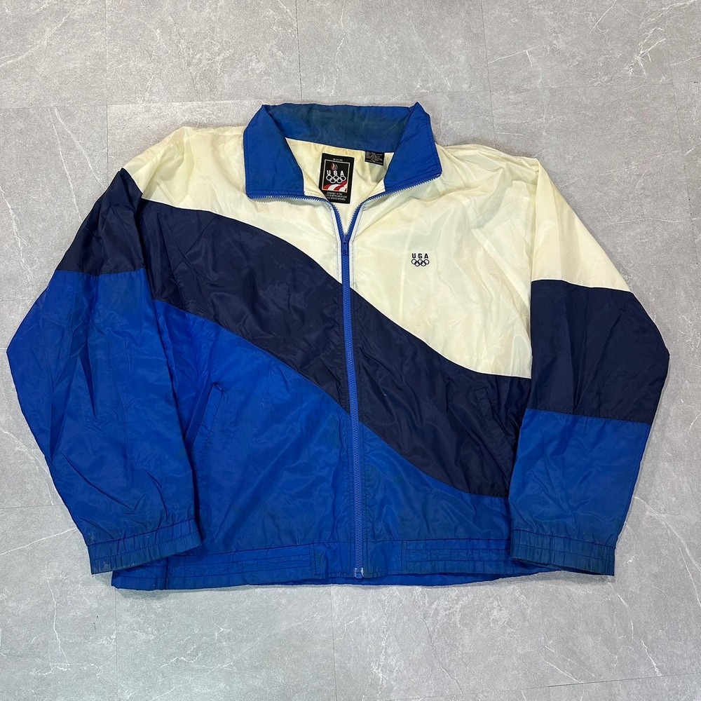 Vintage USA Olympics Windbreaker Jacket JCPenney Blue Colorblock Mens Large L